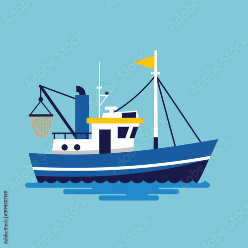 Flat Vector Illustration of a Commercial Fishing Boat Trawler on the Ocean