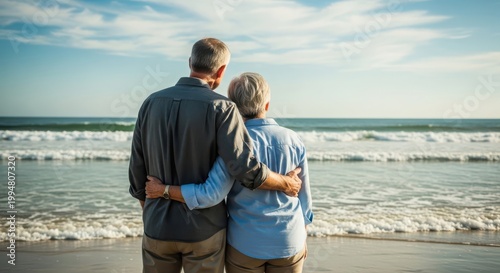 Senior couple standing together on the beach looking at the ocean