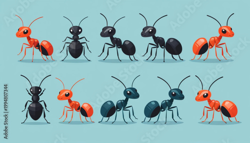 Set of 6 ant icons in flat design style, different ant variations, cute and simple shapes, clean vector illustration,