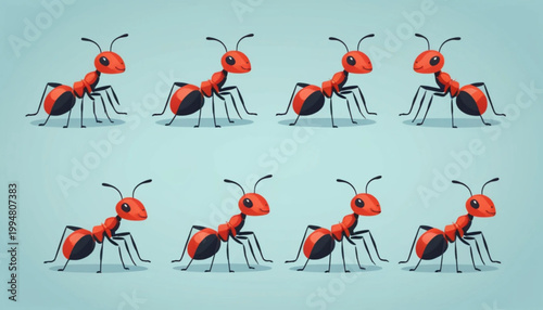 Set of 6 ant icons in flat design style, different ant variations, cute and simple shapes, clean vector illustration,