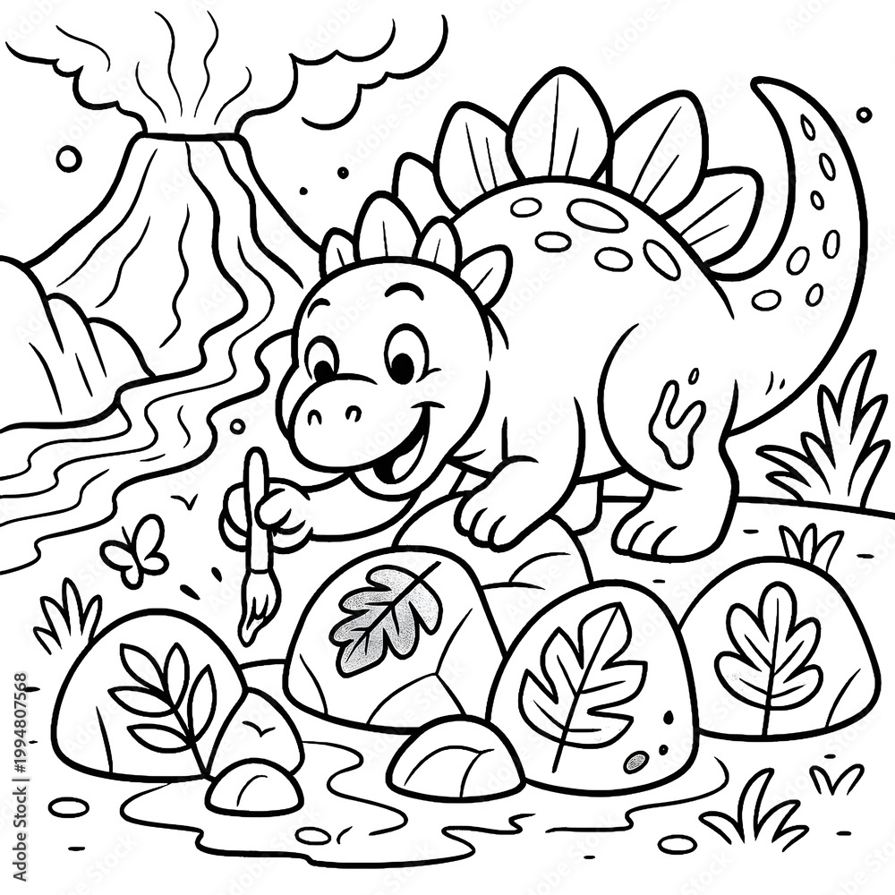 Obraz premium Cute Dinosaur with Volcano Scene – Kids Coloring Page Line Art