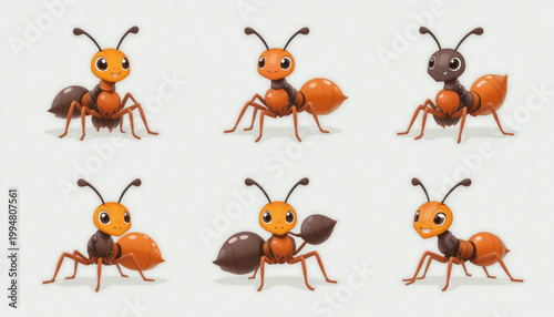 Set of 6 ant icons in flat design style, different ant variations, cute and simple shapes, clean vector illustration,