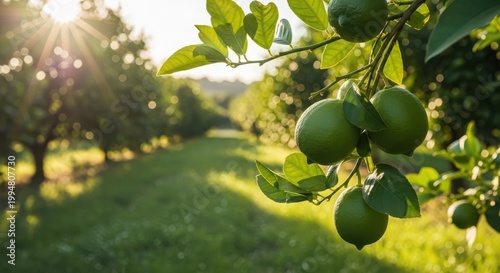 Fresh green limes hanging on a tree branch in a sunny orchard