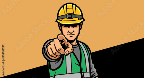 Construction worker in hard hat and safety vest pointing finger forward, serious expression, illustration in a retro style