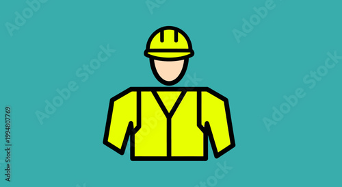 Simple flat icon of a construction worker in a hard hat and safety vest, representing industry and labor.