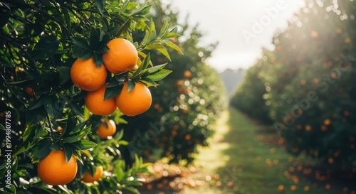 Fresh oranges hanging on a tree in a sunny citrus orchard