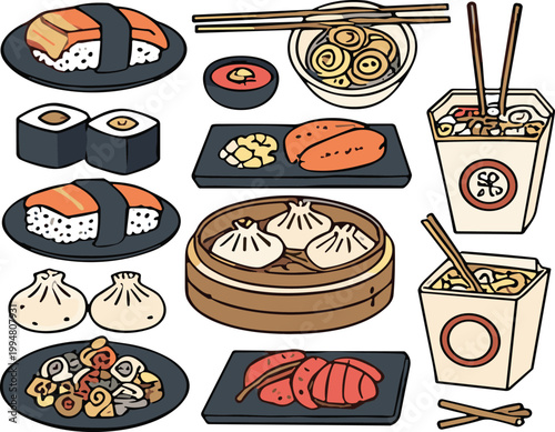 Asian food set with sushi dumplings noodles and takeout boxes isolated on white background for restaurant vector illustration