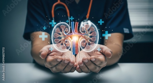 Doctor holding a glowing 3d holographic model of human kidneys
