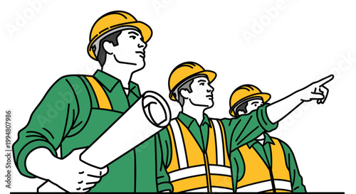 Construction workers in hard hats and safety vests looking and pointing towards future projects and development goals