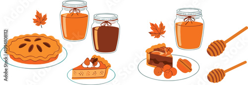 Autumn dessert and honey collection with pie, cake, jars and honey dipper, flat vector illustration set for fall season, bakery and sweet food design