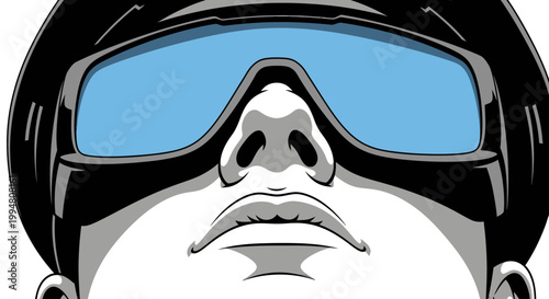 Close up illustration of a person wearing ski goggles and helmet, looking up with determination