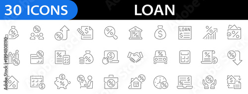 Loan icon set. Credit icons. Debtor. Mortgage. Banking. Lender. Money. Installment. Income. Credit score. Editable stroke. Vector illustration