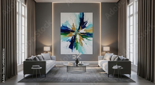 Modern living room interior with abstract painting and sofas