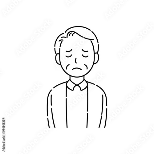 目を閉じたシニア男性の不安な表情のシンプル黒線イラスト