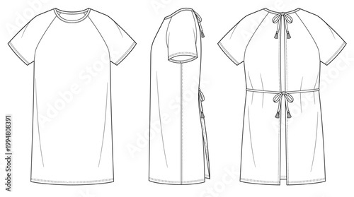 Disposable Patient Gown Medical Fashion Technical Drawing, Healthcare Protective Apparel Multi-View Line Art Vector
