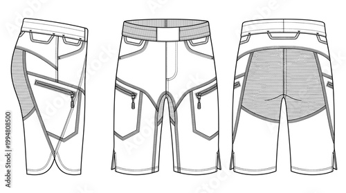 Climbing Technical Shorts Fashion Technical Drawing, Outdoor Performance Activewear Multi-View Line Art Vector