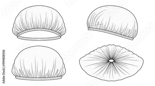 Disposable Surgical Cap Fashion Technical Drawing, Medical Protective Headwear Multi-View Line Art Vector