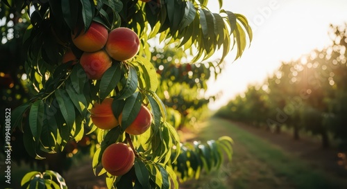 Ripe peaches hanging on a tree branch in a sunny orchard