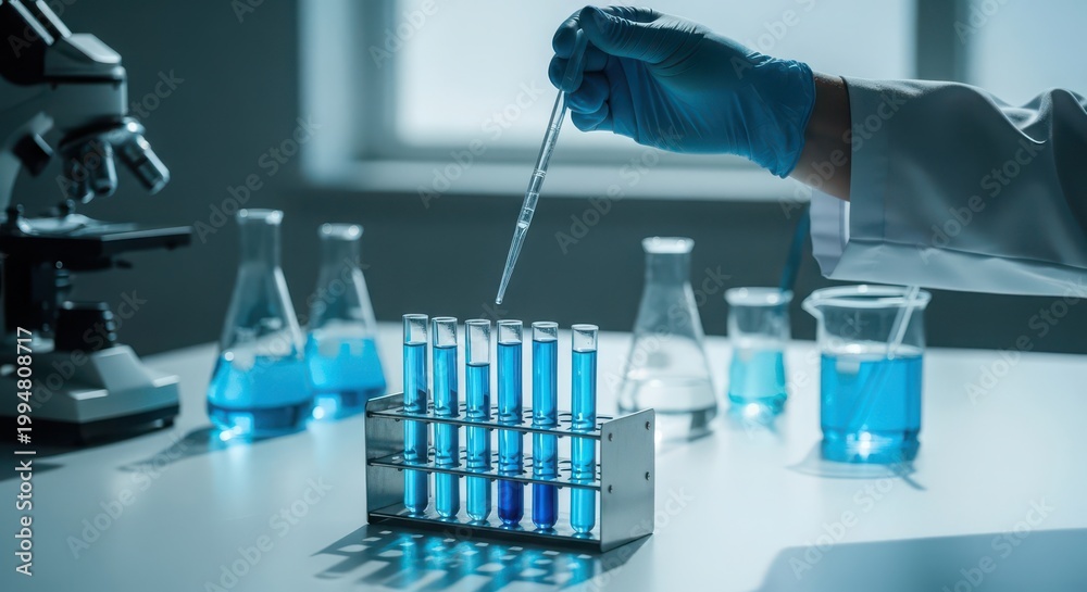 Fototapeta premium Scientist using a pipette to add liquid to test tubes in a lab