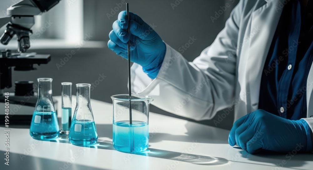 Fototapeta premium Scientist stirring blue chemical solution in a laboratory beaker