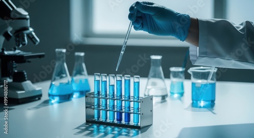 Scientist using a pipette to add liquid to test tubes in a lab