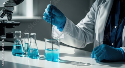 Scientist stirring blue chemical solution in a laboratory beaker