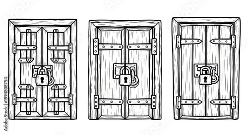 Set of three vintage wooden doors with metal hinges and locks