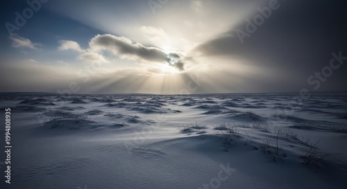 Sunlight breaking through storm clouds over a snowy tundra landscape