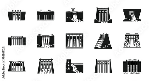 A collection of hydroelectric dam icons in a minimalist black silhouette