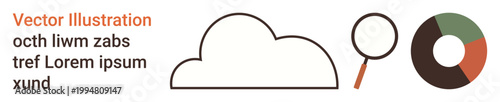 Cloud computing, data analysis, search tools, technology strategies, data management, digital services. Minimalist cloud shape, magnifying glass pie chart. Cloud computing and data analysis