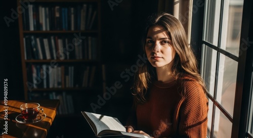 Young woman reading a book by a window in a cozy library
