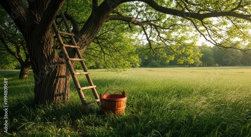 Wooden ladder leaning against a large tree in a sunny meadow