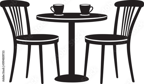 Black silhouette of a small table with two chairs and coffee cups on top