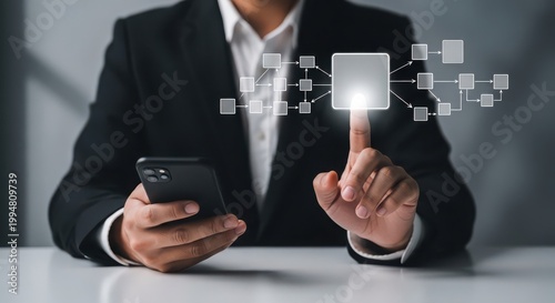 Businessman interacting with digital business process flowchart