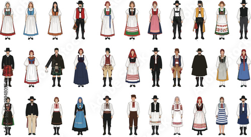 Collection of traditional European folk costumes with men and women in cultural clothing isolated on white background vector illustration