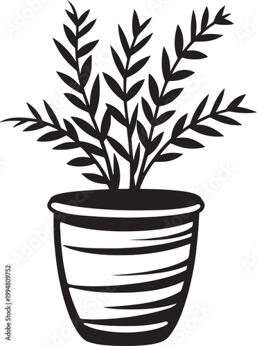 Black and white illustration of a potted plant with leaves