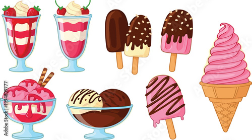 Colorful ice cream collection with cones, sundaes, popsicles and soft serve desserts, sweet summer treats vector illustration for menu and cafe design