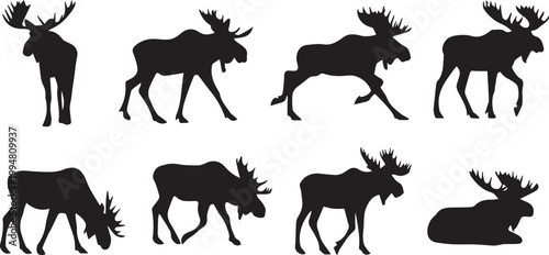 Collection of moose silhouettes in various poses like running and grazing