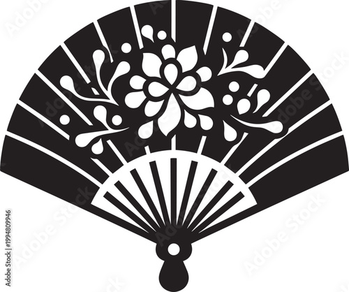 Black and white illustration of a traditional japanese fan with floral design