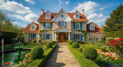 Beautiful house with a vibrant garden and fountain