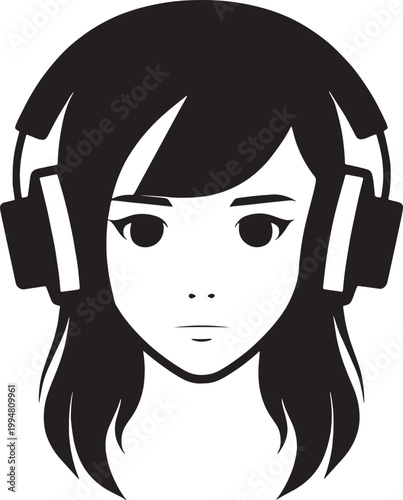 Black and white illustration of a woman wearing headphones