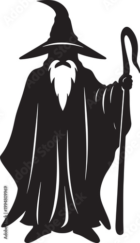 Black silhouette of a wizard with a long beard and hat holding a staff