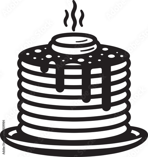 Black and white illustration of a stack of pancakes with syrup