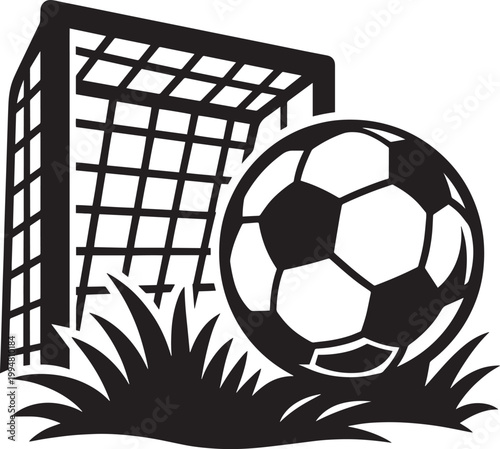 Black and white illustration of a soccer ball in front of a goal
