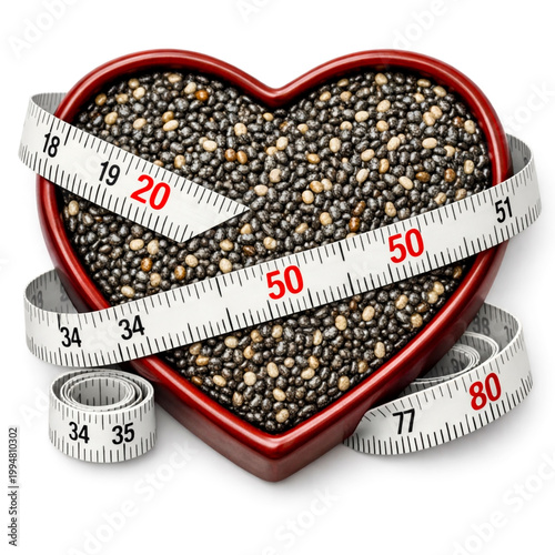 closeup healthy food organic chia seeds in heart shape bowl with measure tape, white background, top view