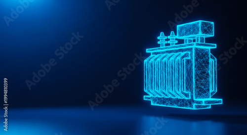 A blue neon-lit 3D rendering of a transformer or electrical device, showcasing intricate details and modern design, set against a dark backdrop.