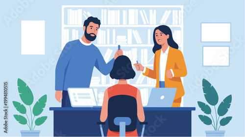 Flat illustration of collaborative workspace with three people at desk bookshelves plants and modern office interior scene