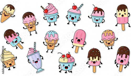 Cute funny ice cream sticker pack with kawaii frozen dessert characters vector illustration