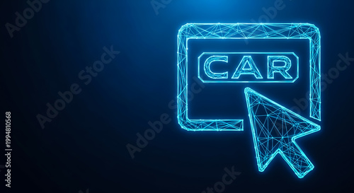 A glowing digital icon of a car with a cursor clicking on it, set against a modern blue background, representing technology and automotive themes.