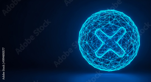 Abstract 3D render of a glowing blue sphere with a geometric X pattern on a dark gradient background, evoking technology and innovation.